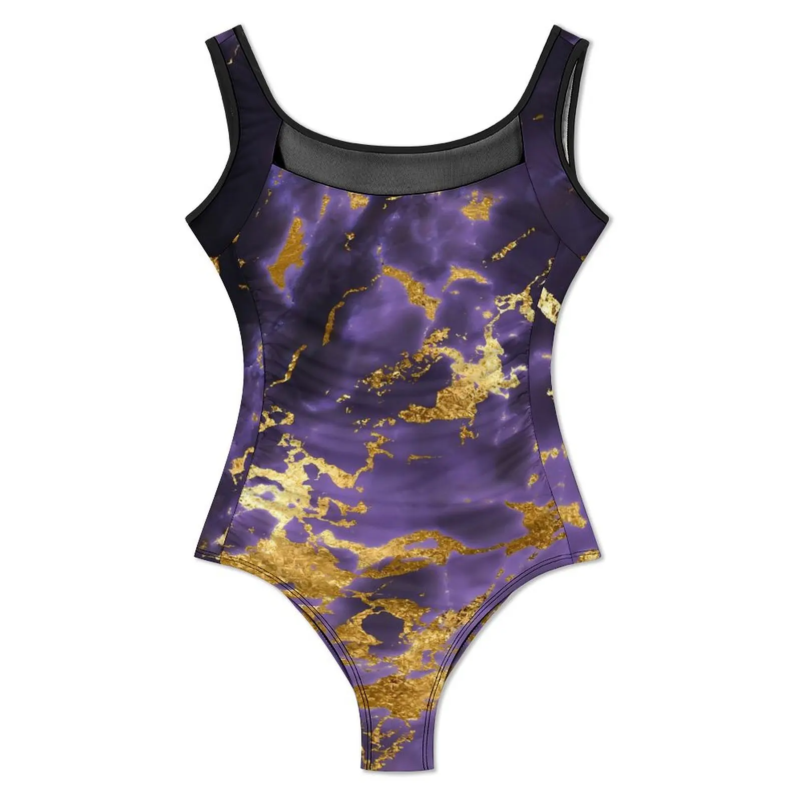 Marble Stone Swimsuit Sexy Purple Gold One Piece Swimwear Push Up Bodysuit Retro Holiday Surf Monokini