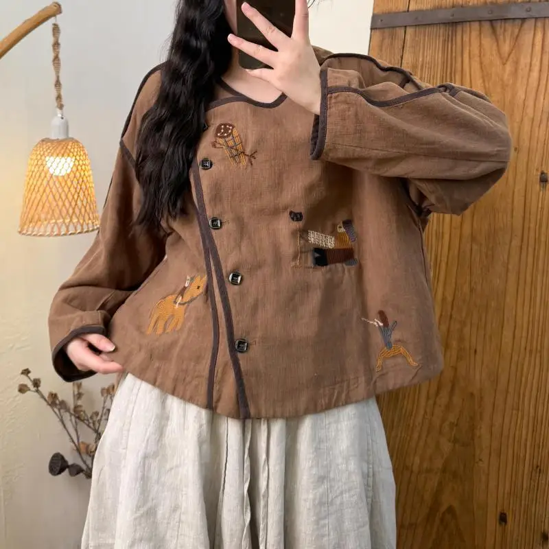 

Spring Autumn Arts Style Women Long Sleeve Single Breasted Vintage Jackets High Quality Cotton Linen Embroidery Loose Short Coat