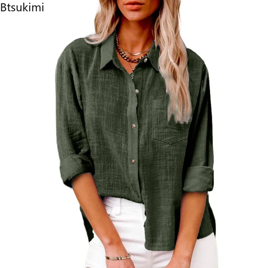 Plus Size 4XL 5XL Women\'s Summer Casual Cotton Linen Shirts Solid Pockets Slit Button Blouse Loose Long Sleeved Shirts Female