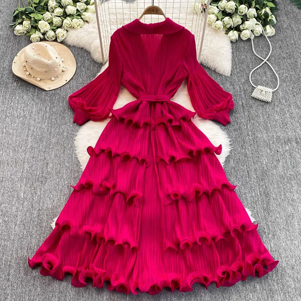 Elegant Long Sleeves Vintage Notched Neck Chic Bandage Fashion A-line Slim Ruffle Cake Dress Evening High Street Autumn Clothing