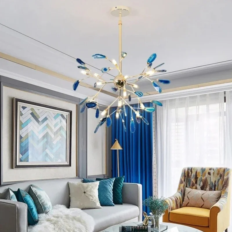Modern Colored Agate Led Chandelier Romantic Leaf Shaped Chandelier Nordic Firefly Chandelier Living Room Decorative Chandelier