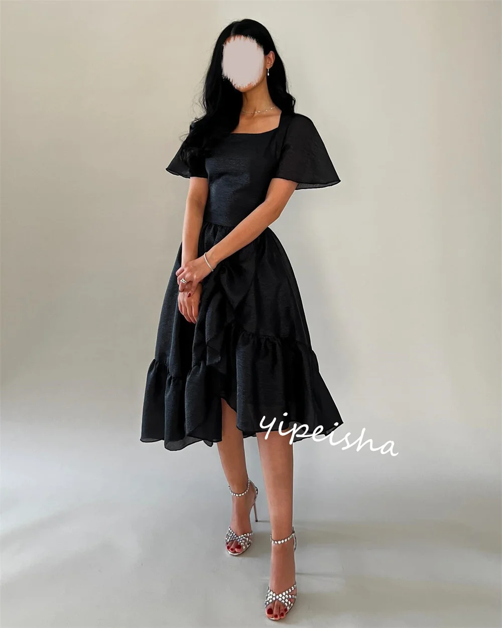 Customized     Satin Draped Quinceanera A-line Square Neck Bespoke Occasion Gown Knee Length es    Dresses 