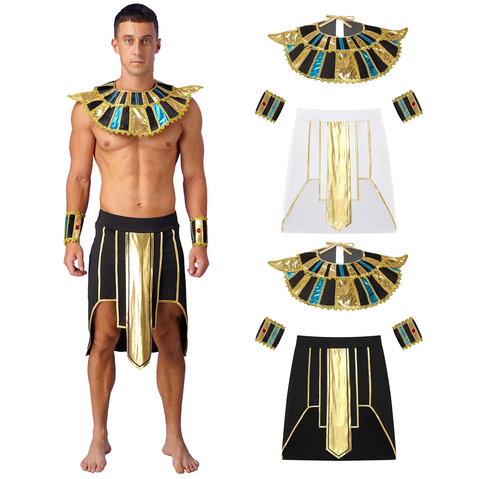 Mens Sexy Ancient Egypt Costume 3 Piece Egyptian Pharaoh Role Play Outfits Metallic Trim Skirt with Cuffs Self-tie Collar Wrist