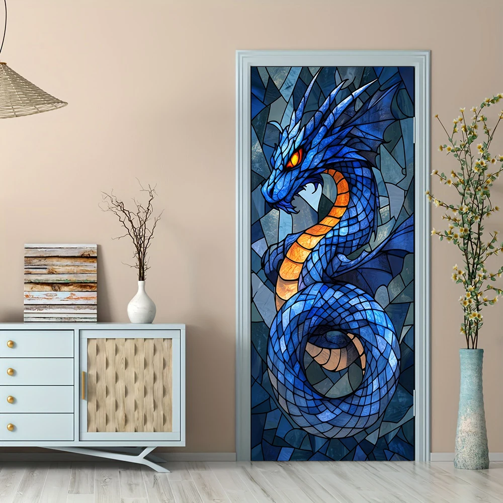1 Stück selbstklebende, abnehmbare Vinyl-Türaufkleber, blau lackierter, glasartiger, drachenförmiger Türaufkleber, für Zuhause, Wohnzimmer, Schlafzimmer