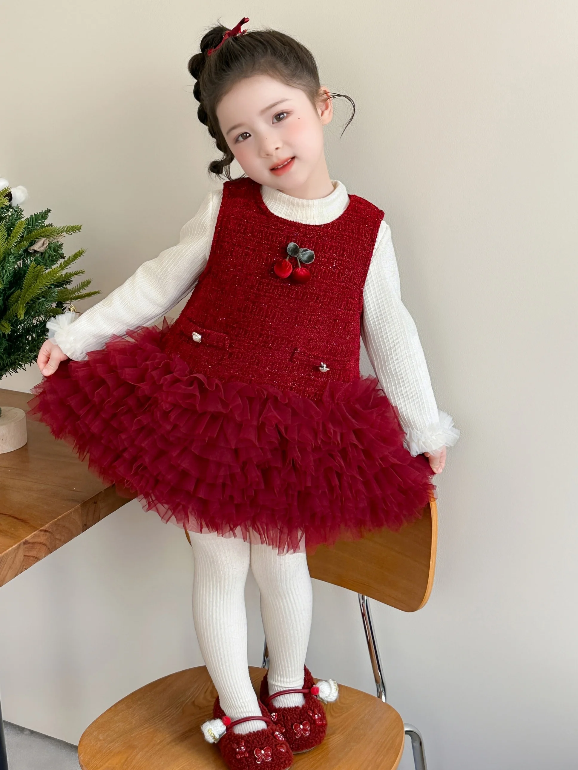 

Комплект из тюлевой юбки на подкладке Sweet Cherry Fce для девочек, новый зимний комплект детской одежды Sle Princ Dr, длинный све, круглый Ne