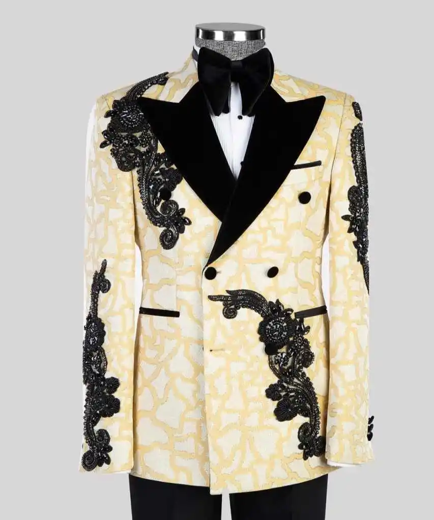 Costumes pour hommes sur mesure 2 pièces pantalon Jacquard Tuxedos revers à pointe Double boutonnage Appliques mariage formel sur mesure