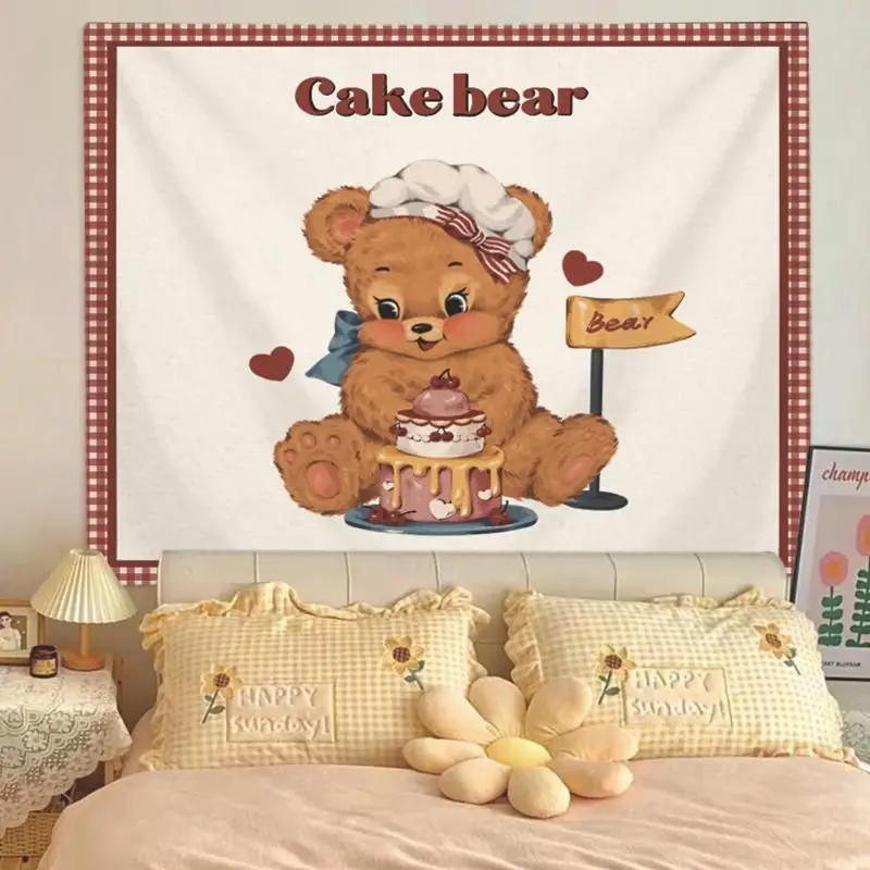 VIKAMA Red and White Grid Cake Bear Tapestry American Teddy Bear Background Cloth ins Dormitory Decoration Tapestry Room Decor