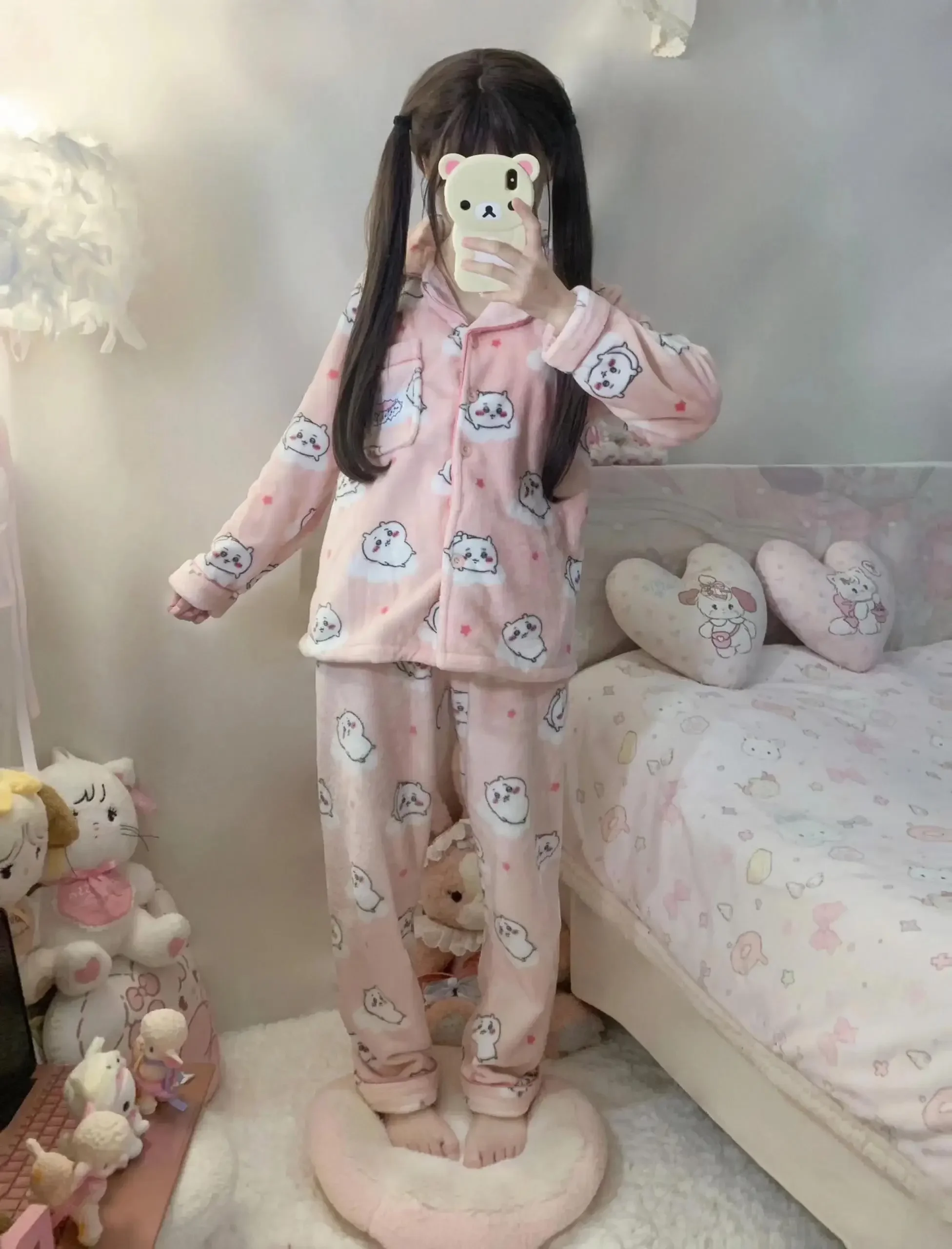 Cartoon Chiikawa Pajamas Girls Winter Coral Velvet Plus Velvet Thickened and Warm Usagi Hachiware Cute Pajamas Home Clothes Set