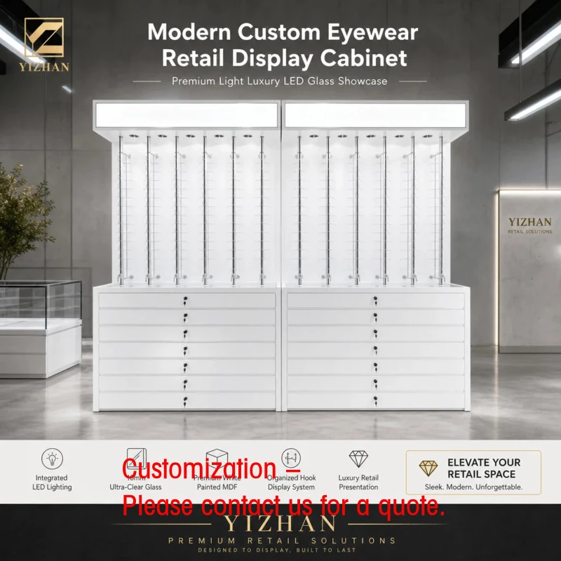 custom.Customized Optical Shop Furniture with LED Tempered Glass Display, Modern Eyewear Retail Showcase Boutique