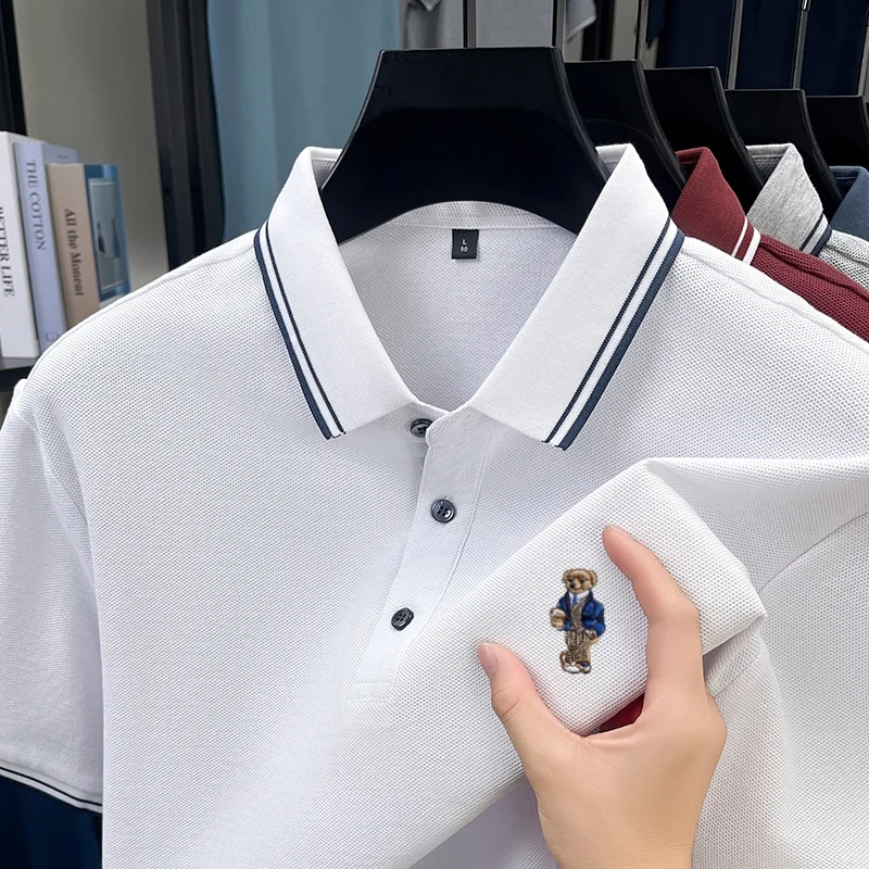 100% Pure Cotton 2026 New Summer Trendy Bear Pattern Polo Shirt Business Commute Line Lapel T-Shirt Comfort Men Short Sleeve Top