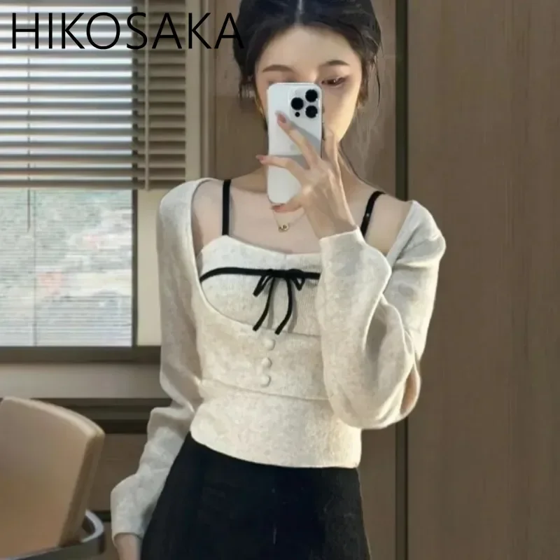 Sexy U-Neck Ropa Mujer Knitwear Sets 2024 Woman Sweater Bow Outerwears Y2k Aesthetic Pullovers Sexy Sweet Jumpers E-girls