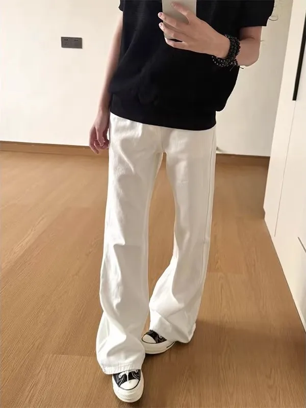 Calças Jeans de Cintura Alta e Perna Larga para Homens e Mulheres, Versáteis para o Verão, Corte Reto Fino, Versão Slim, Calç...
