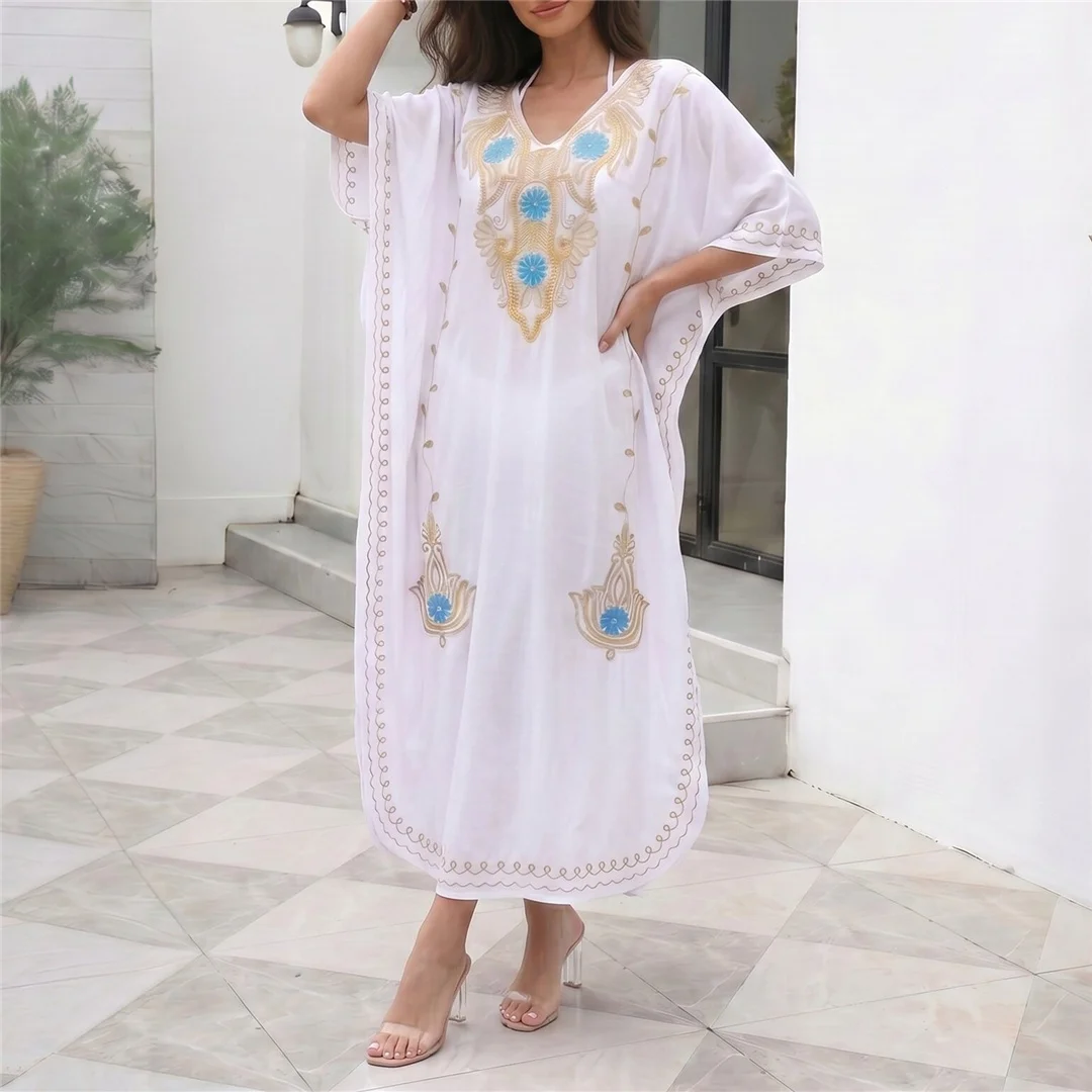 Bedrucktes Halbarm-Strickkleid mit V-Ausschnitt, Häkel-Strick-Tunika, Strand-Cover-Up, Strandkleid, Strandmode, Damen V8318 – Detail 3
