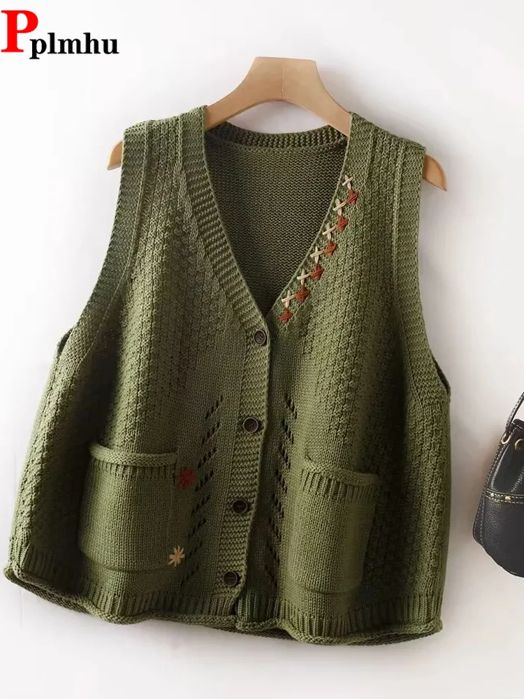 Embroided Sleeveless Knit Sweater Coats Vintage Loose Knitwears Vest Hollow Out Colete Korean Cardigan Women Casual Tops Jackets