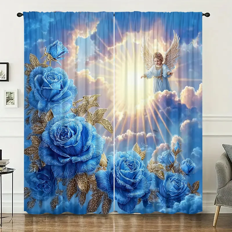 Blue Rose and Angel Theme Print Drapes Room Darkening Window Curtains for Home Decor,Rod Pocket Blackout Curtains Bedroom