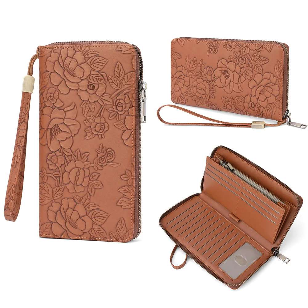 Western RFID Blocking Flower Embossed PU Leather Long Women Wallet Large Capacity Multi-cards Coin Purse for Ladies