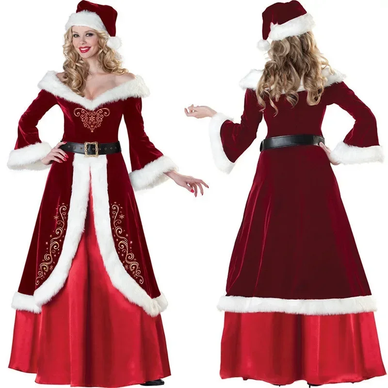 Deluxe Velvet Ladies Santa Claus XMAS Outfit Costume Merry Christmas Long Dress