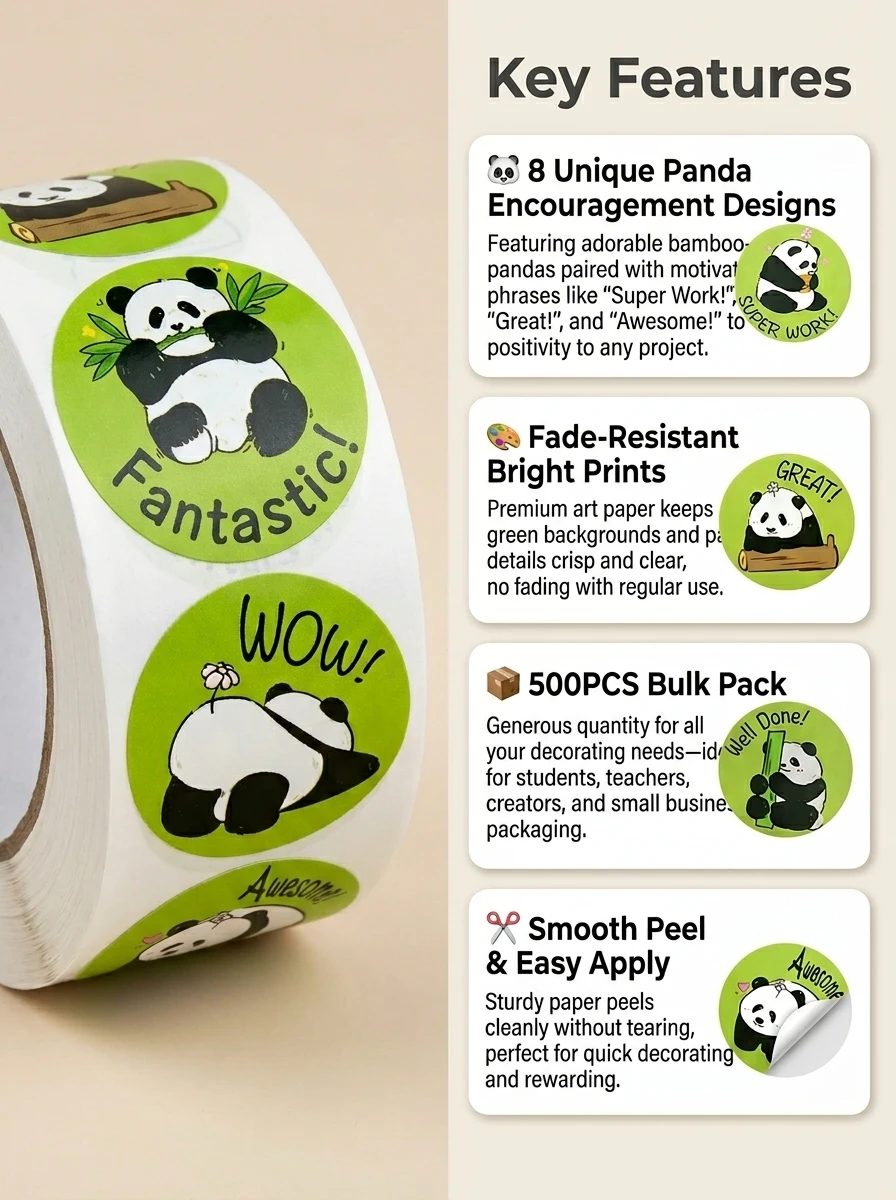 1Roll(500pcs) 1'' Round Cartoon Reward Pandas Stickers for Kids Teacher Reward School Supplies Animal Incentive Home Decor