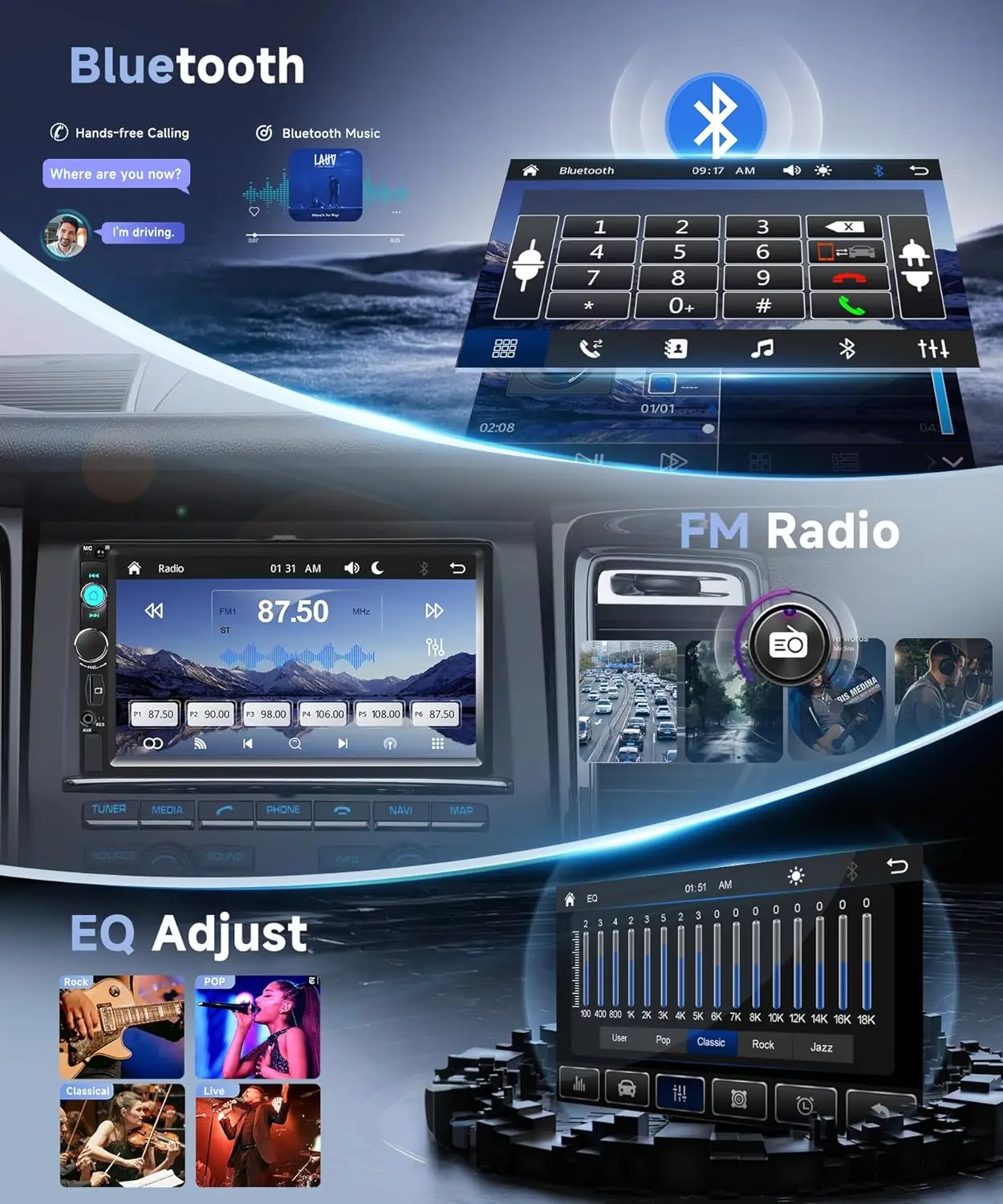 7' Car Radio with Bluetooth, Mirror Link, Backup Camera, FM, USB, AUX, Steering Control