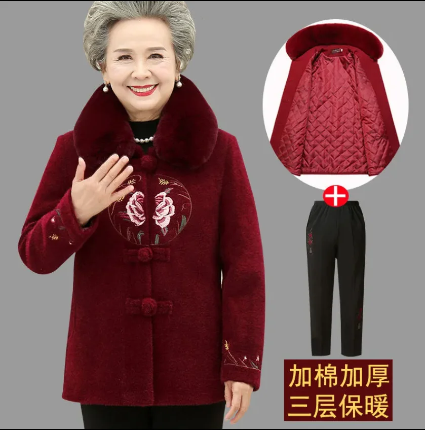 Middle-aged Elderly Women Winter Jacket Imitation Mink Velvet Thick Warm Woolen Coats Grandma Winter Overcoat Padded Parkas Coat