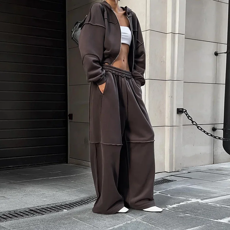 

Women's Sports Set Autumn Winter 2025 Set Stylish Hooded Long Sleeve Zipper Jacket Sweat Pants Casual Loose Trousers