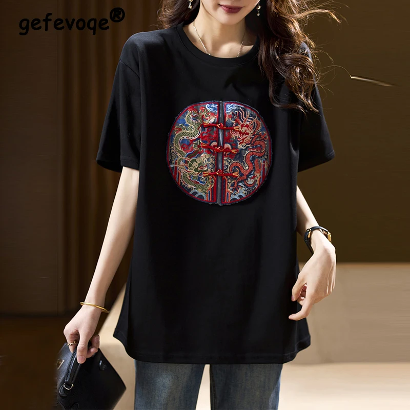 

Women Vintage Fashion Chinese Style Embroidery Chic Oversized Tunic T-shirt 2024 Summer Casual O Neck Short Sleeve Pullover Tops