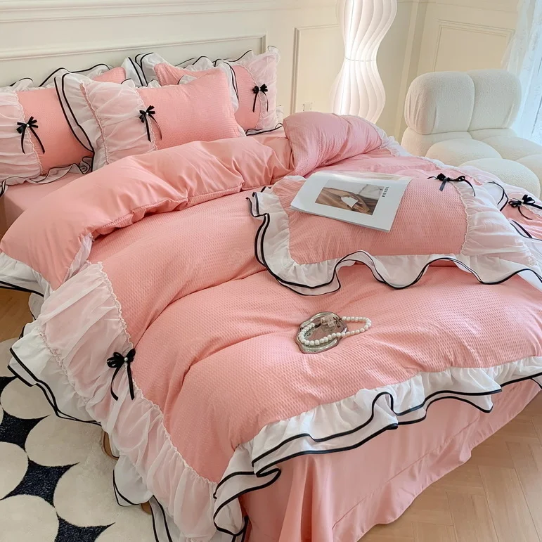 

Pink Korean Princess Bedding Set Washed Cotton Bed Cover Girls Solid Color Lace Bow Quilt Coverflat Sheet Decor Home Textiles