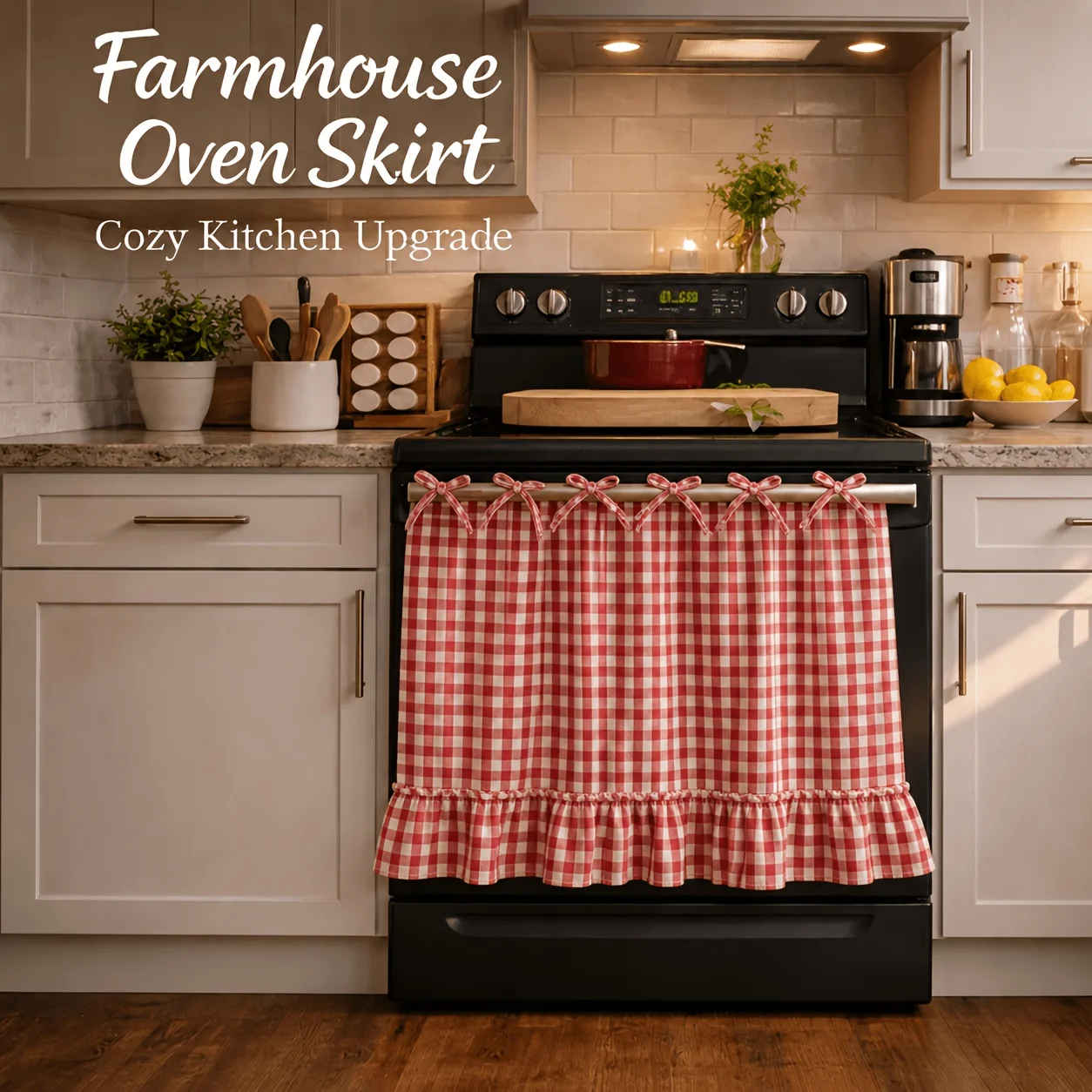 Farmhouse Plaid Oven Skirt Valance with Ruffle Tie Ribbon Country Kitchen Decor Stove Cover Cabinet Panel Privacy Screen