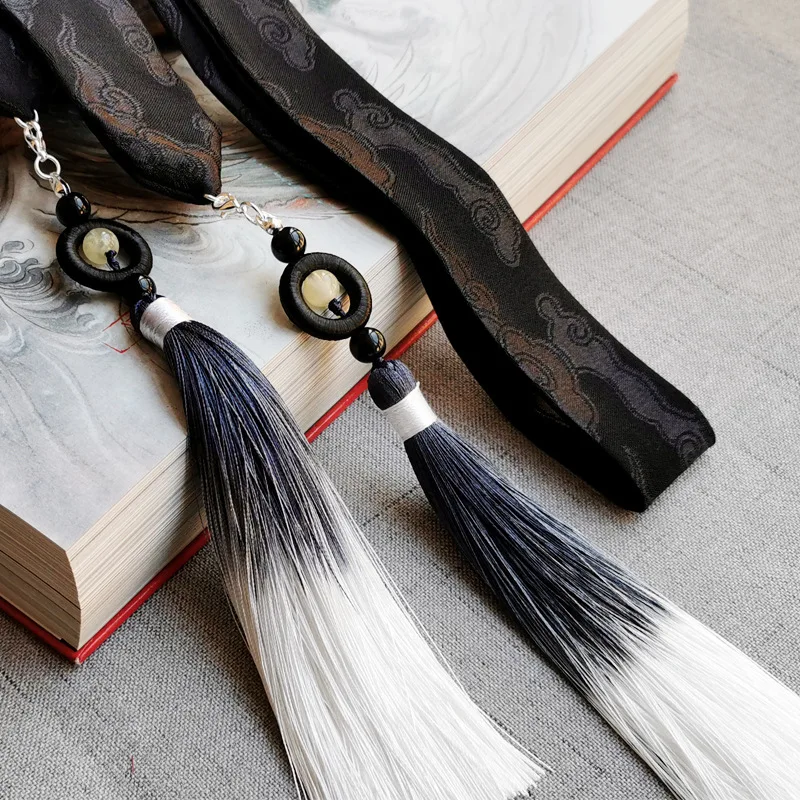 Hiasan kepala Hanfu kuno Cina, aksesori kepala Hanfu tali rambut merah hitam uniseks Aksesori gradien rumbai panjang, alat peraga Cosplay