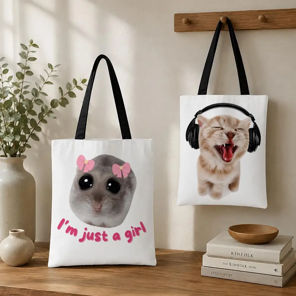 Pattern y2K Cartoon Meme Cat Storage Bags Aesthetic Reusable Canvas Tote Bag Shoulder Bag for School Work Travel