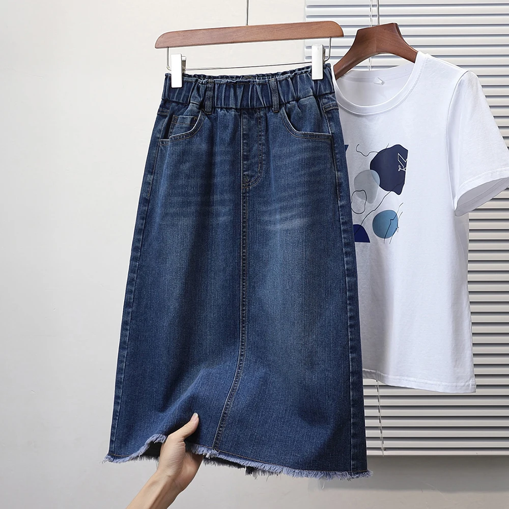 Tassel Stretchy Classic A-line Denim Skirts Woman Split Blue Elastic Waist A Line Casual Mid-calf Length Skirt Mujer E3275