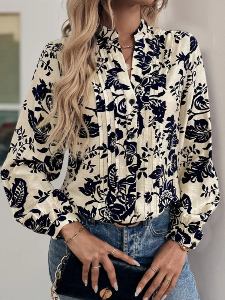 ملابس نسائية متعددة الاستخدامات، قميص أنيق بياقة واقفة مطبوع بأكمام طويلة، مناسب تمامًا، فضفاض وبسيط، مريح