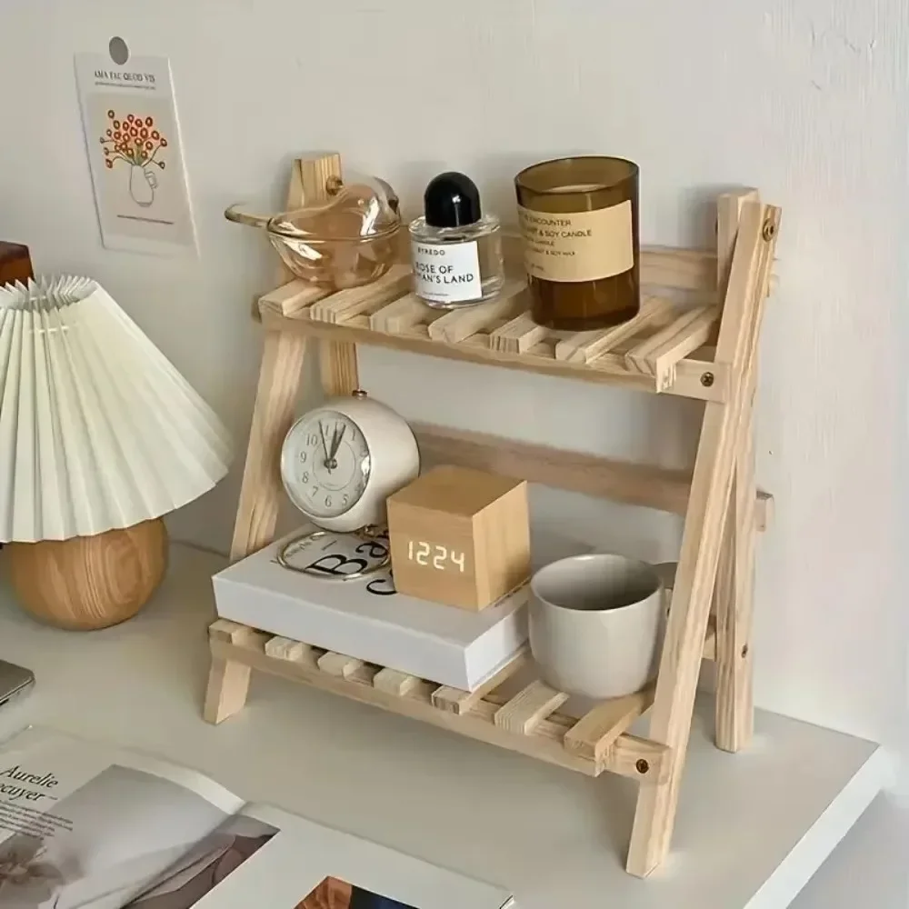 

Wooden Desktop Storage Rack Simple Multi Functional Folding Corner Shelf Double Layer Trapezoidal Stationery Shelf for Dormitory