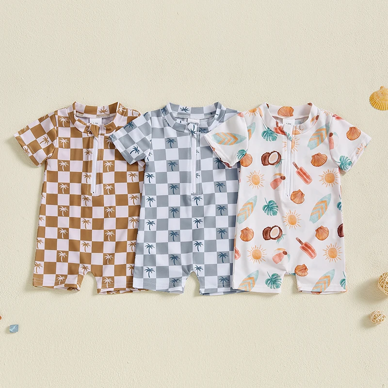 

Baby Boys Rash Guard Swimsuit Coconut Tree Coconut Plaid Pattern Zip Up Short Sleeve Crew Neck Infant Boys Swimwear