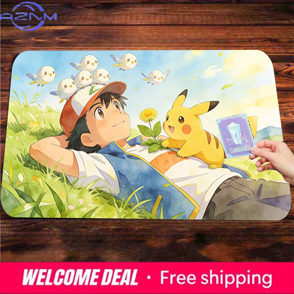 Ash & Pikachu Sunny Meadow Nap Pokemon TCG Playmat Non-Slip Gaming Mouse Pad for Enhanced Gaming Experience