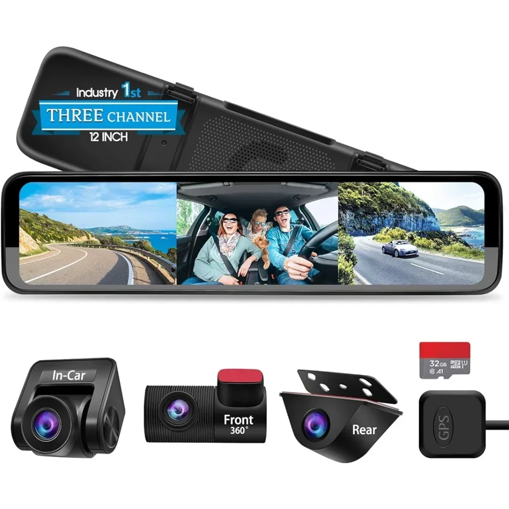 

Triple Mirror Dash Cam 12"with Detached Front and in-Car Camera,Waterproof Backup Rear View Dashcam Anti Glare 1296P IPS