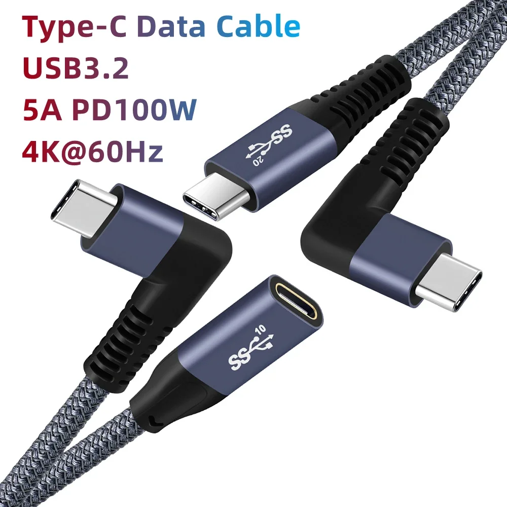 90 Degree Right Angle USB 3.2 10/20Gb Type-C Data Cable 4K@60Hz 5A 100W QC PD Charging Nylon Braid Cord for PC Mobile Phone