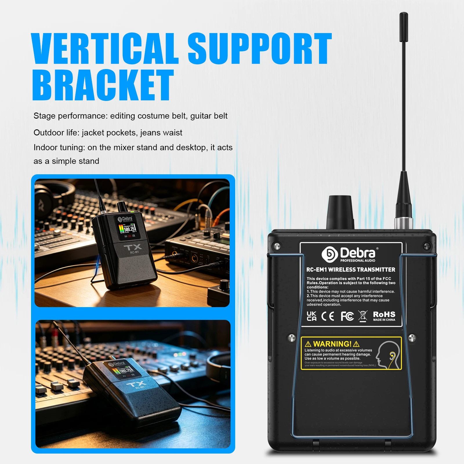 Debra New RC-EM1 UHF Stereo Wireless In-Ear Monitoring System, arbeitet im Frequenzbereich 565–590 MHz, entwickelt für Bands und Live-Übertragungen. – Detail 2