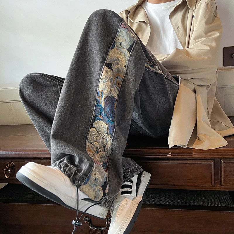 

Американские джинсы в стиле пэчворк с принтом медведя, мужские летние свободные прямые брюки, модные винтажные повседневные брюки в стиле High Street