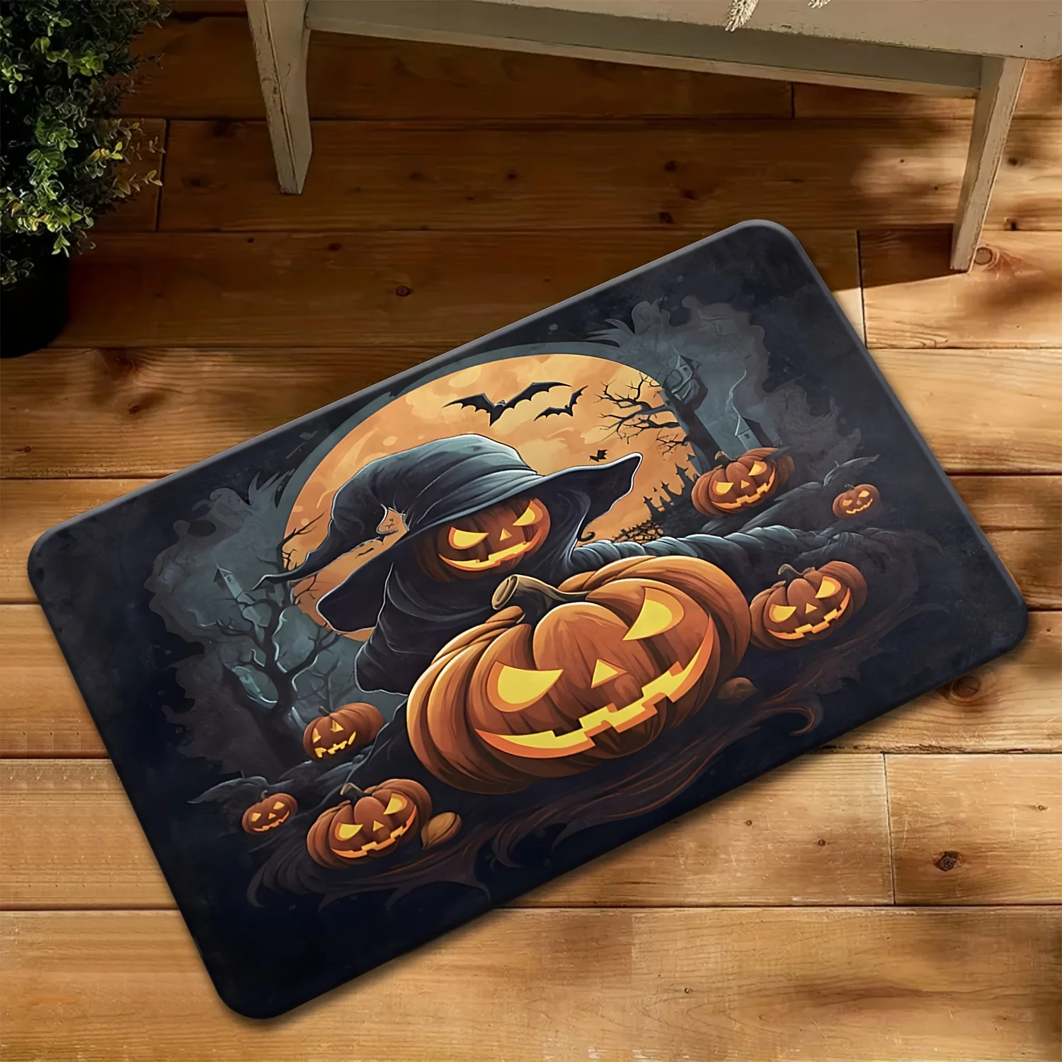 Spooky Pumpkin Witch Hat Haunted Forest Bat Non Slip Door Mat Floor Mat For Entryway Bathroom Kitchen Living Room