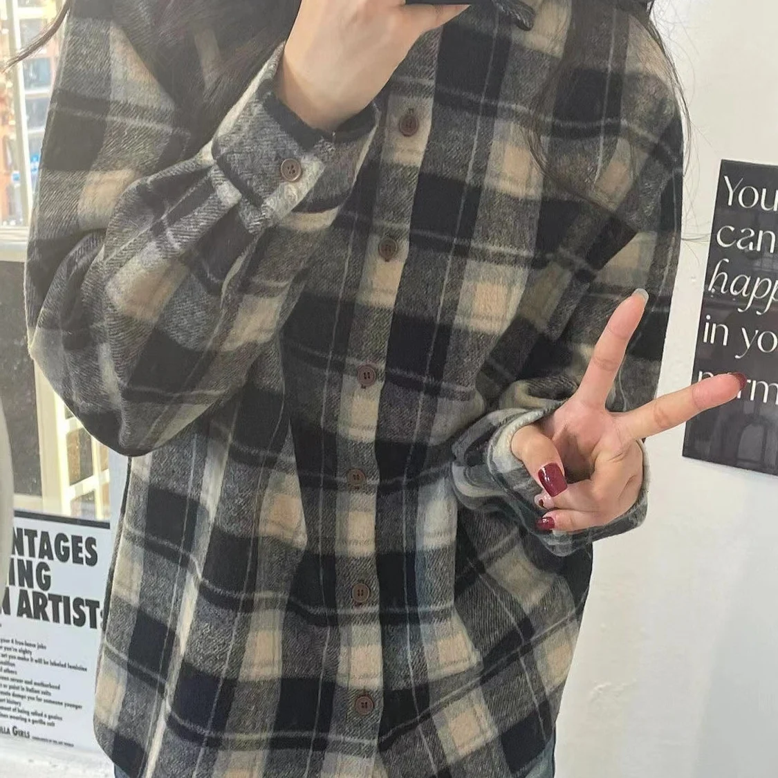 

plus Size Korean Sle Vintage Plaid irt Loose Casual Long Sve Spring New Arrival Outerwear Coat for Fat Women MM