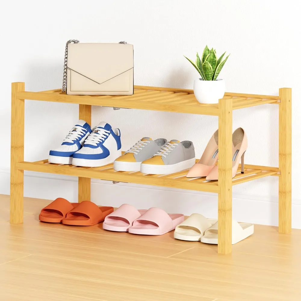 

Shoe Rack, 2 Tier Thick Bamboo Shoe Organizer, Stackable Free Standing Wooden Shoe Storage Shelf for Closet, Entryway, Fro