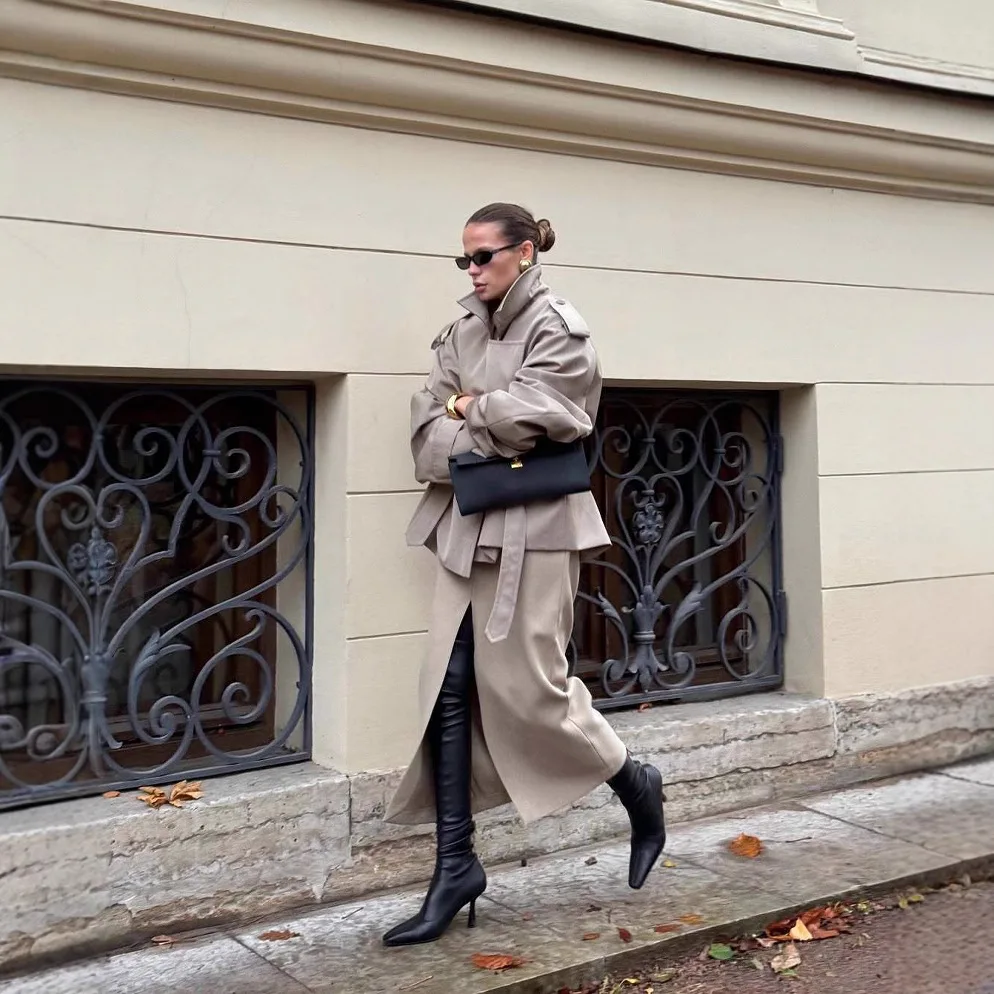 2025 Khaki Lapel Long-sleeved Lace-up Short Trench Coat European and American Fashion Temperament High Sense