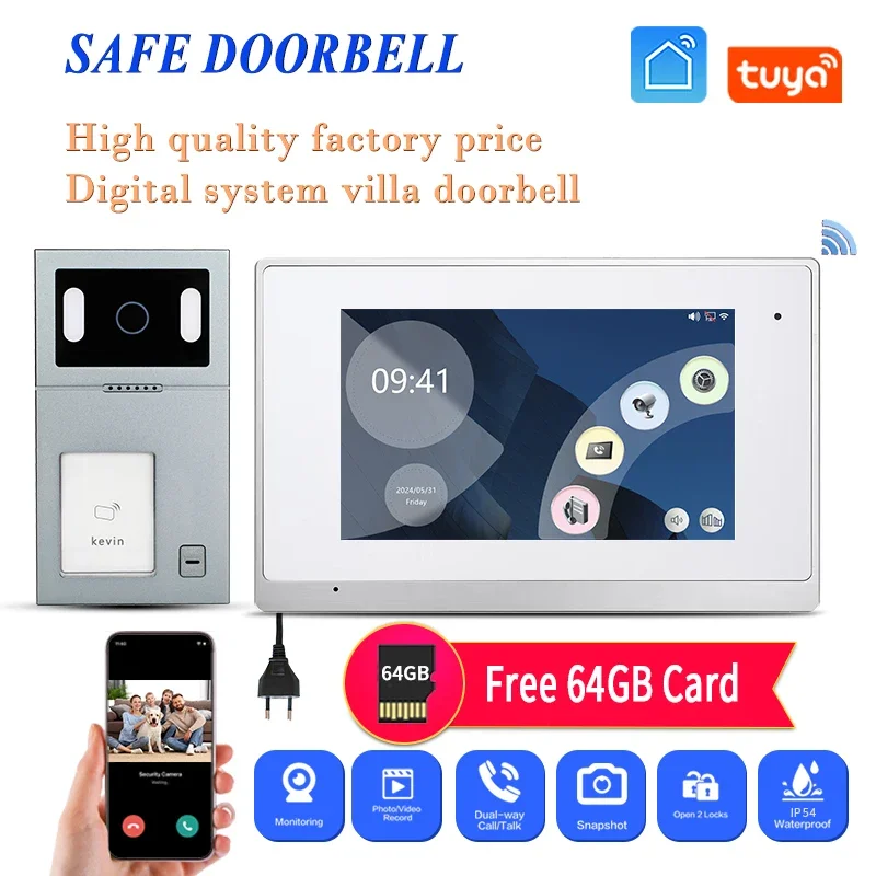 

64G Card And 5 Blue Card For Free In Kit Connected Videophone Intercom 7'' Full Screenn On Sale Smart Video Doorbell Good Pric