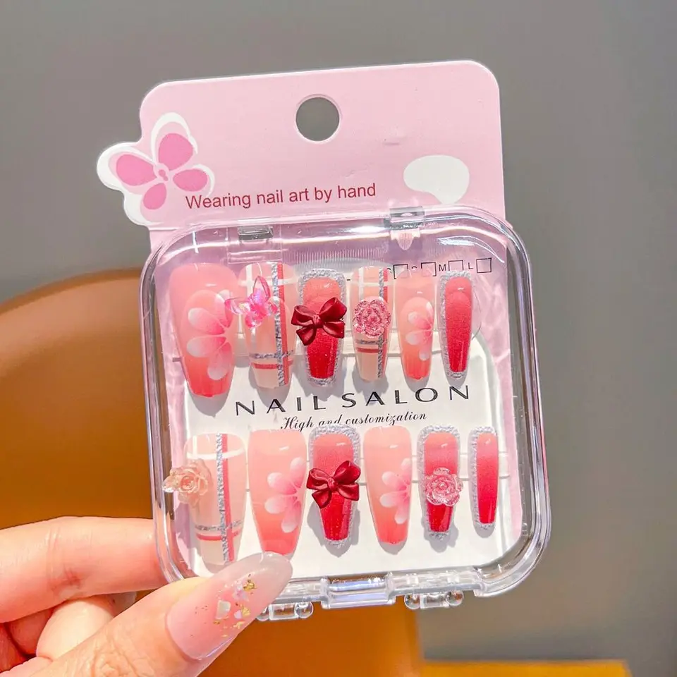 Uñas postizas de caricatura para niños con corazón de cereza, adhesivas, largas y lindas para niñas y estudiantes 3