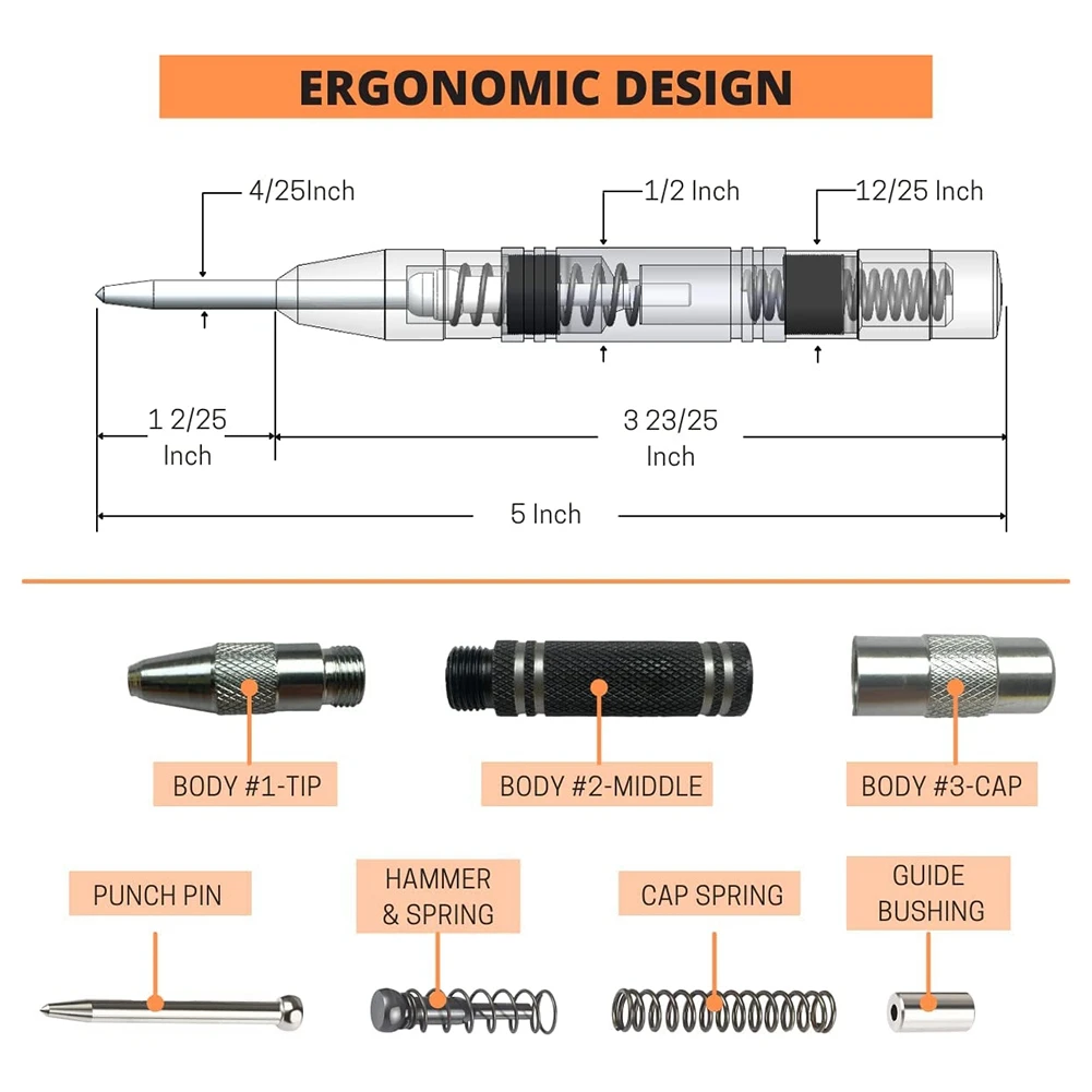Automatic Center Punch 5 Inch Spring Loaded Center Punch Adjustable Tension Punch Tool for Metal Wood Glass 2 Pcs