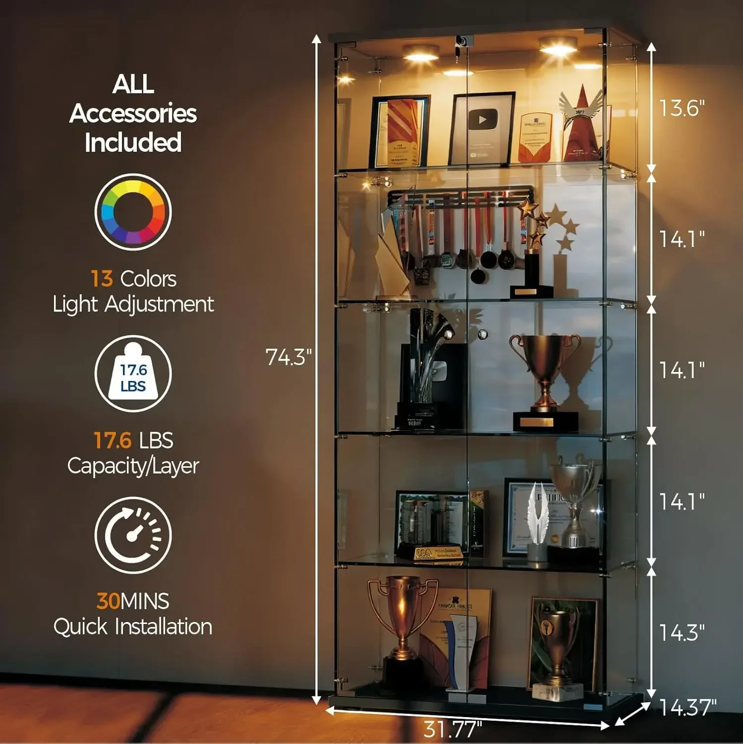 Lockable 5 Shelf Tempered Glass Curio Showcase With LED Light Double Door Storage Cabinet For Living Room Bedroom Office Black