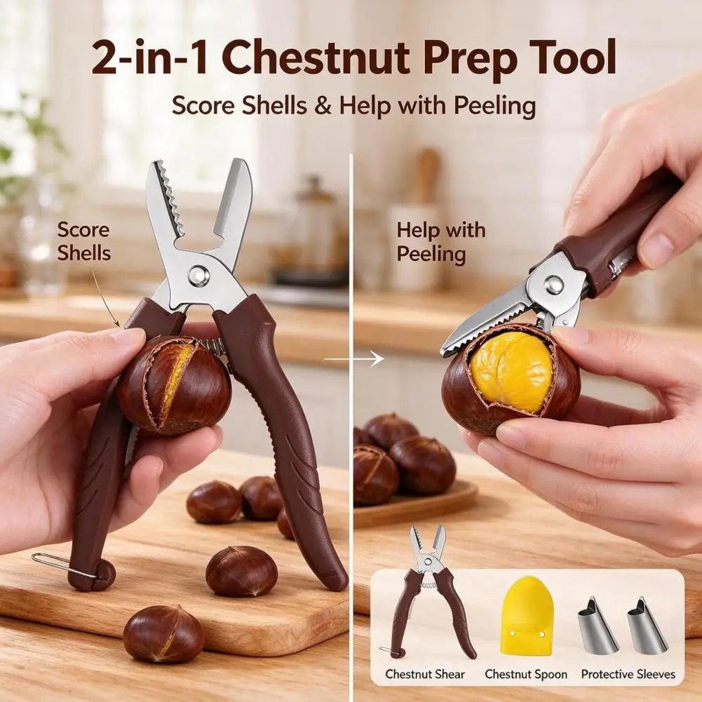 Chestnut Scissors Opener 2 In 1 Stainless Steel Cutter Sheller Ergonomic Nut Cutting Tool Kitchen Home Use Christmas Set