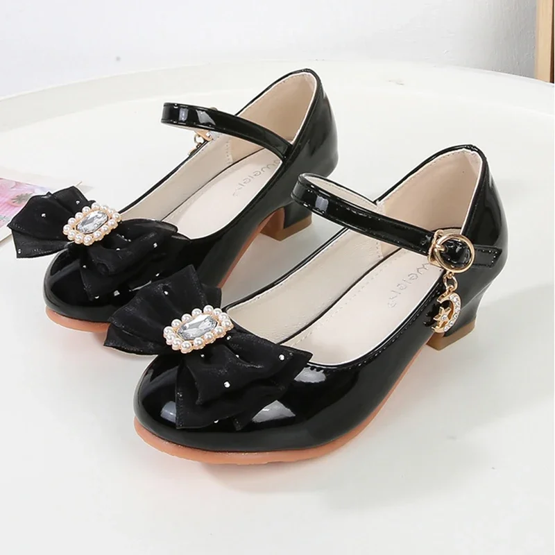 Girls' High Heels 2024 Autumn New Children's Mary Jane Shoes Fashion Bow Crystal Baby Kids Princess Leather Shoes