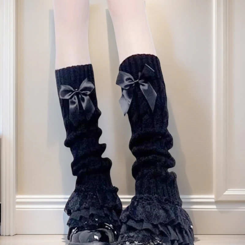 Lolita Winter Ruffled Leg Cover Women's Warm Sweet Bowknot Knit Calf Socks Long Boot Sleeves Foot Cover Accessories